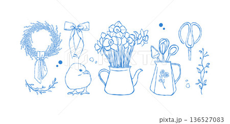 A set of hand-drawn vector Easter and spring elements. Sketches of a teapot with flowers, a chick, a pussy willow wreath, flowers, and bows. Vector linear illustration in blue. Spring isolated clip 136527083