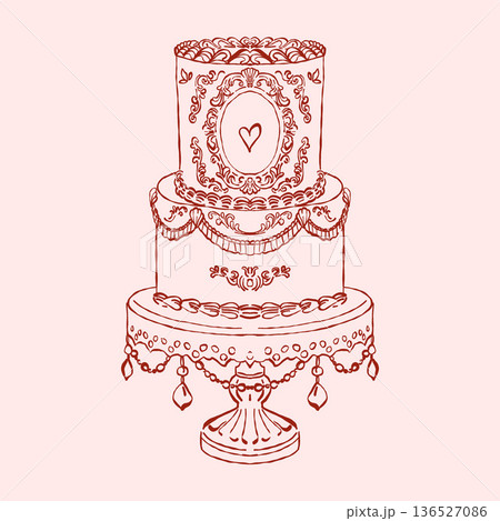 Vintage-style wedding or celebration cake. Multi-tiered celebration cake. Hand-drawn vector outline illustration in a romantic style. Rococo-style cake in red. Vintage-style wedding or celebration cake. Multi-tiered celebration cake. Hand-drawn vector outline illustration in a romantic style. Rococo-style cake in red. 136527086