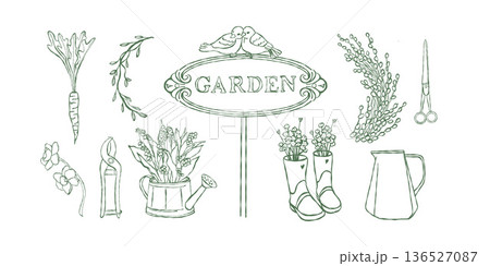 A charming vintage collection of garden elements. Plants, tools, boots with wildflowers, a watering can, branches, a carrot, and a Garden sign. Vector spring illustration. Garden line art in green. 136527087