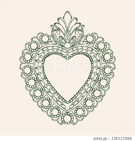 Vintage heart-shaped jewelry. Vintage feminine illustration. Retro accessories. Green vector outline drawing. Vintage heart-shaped jewelry. Vintage feminine illustration. Retro accessories. Green vector outline drawing. 136527088