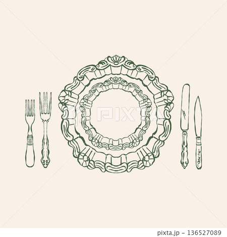 Vintage dinnerware set. Antique table setting. Top view of a plate, forks, and knives on the table. Hand-drawn vector outline illustration in green. 136527089