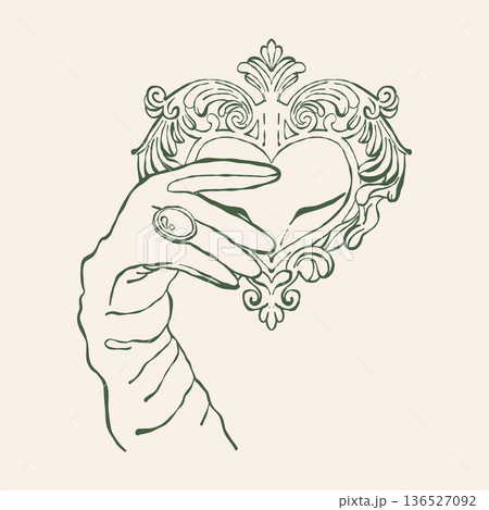A gloved hand holds a vintage heart-shaped jewelry piece. Womens vintage illustration. Retro accessories. Vector outline clip art in green.  136527092