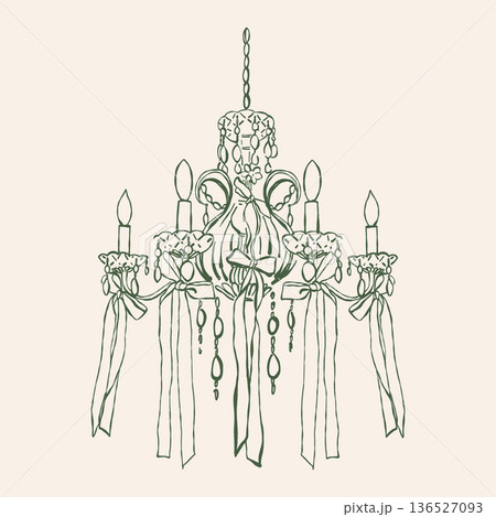 A whimsical crystal chandelier with bows, executed in a linear style. A hand-drawn vintage lamp with candles. Vector outline illustration in green. A whimsical crystal chandelier with bows, executed in a linear style. A hand-drawn vintage lamp with candles. Vector outline illustration in green. 136527093