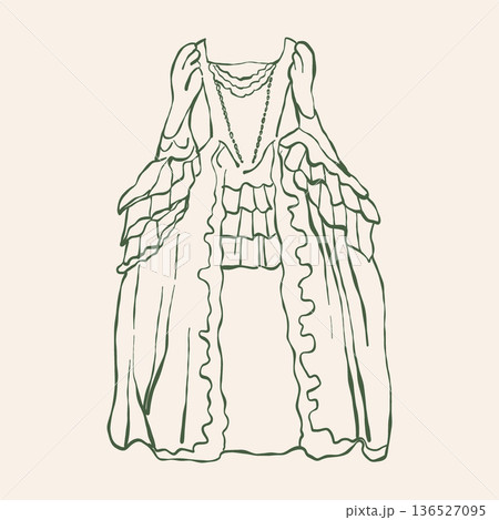 Womens dress of the Baroque and Rococo periods. Line art illustration of historical costume in green.Vintage womens clothing vector clip art Womens dress of the Baroque and Rococo periods. Line art illustration of historical costume in green.Vintage womens clothing vector clip art 136527095