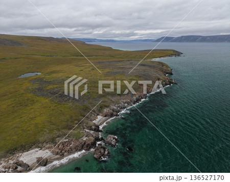 Aerial view Bering strait Chukotka remote pristine nature wilderness landscape 136527170