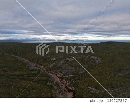 Aerial view Chukotka Arctic coastline pristine tundra wilderness landscape 136527257