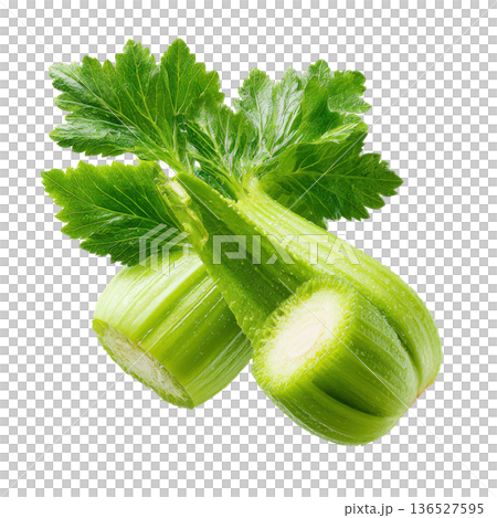 Fresh Japanese Wasabi Celery, Isolated, Top View, White Background, Perfect for Food Photography 136527595