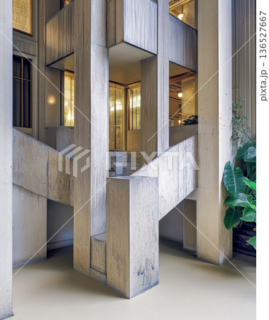 Architectural geometric design of concrete stairs, columns, and walls in an interior space, with plants enhancing visual appeal. Architectural geometric design of concrete stairs, columns, and walls in an interior space, with plants enhancing visual appeal. 136527667