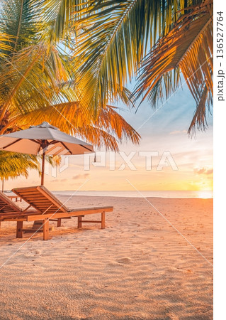 Beach resort leisure chairs umbrellas luxury outdoor furniture sunset Maldives Beach resort leisure chairs umbrellas luxury outdoor furniture sunset Maldives 136527764