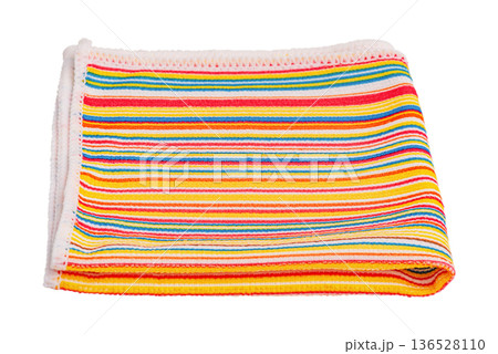 Cleaning napkin folded in multi-colored stripes isolate on white background. 136528110