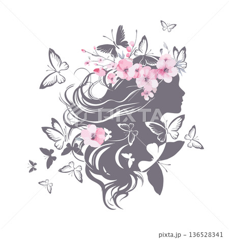Sakura flowers and girl profile . Not AI, vector illustration. Sakura flowers and girl profile . Not AI, vector illustration. 136528341