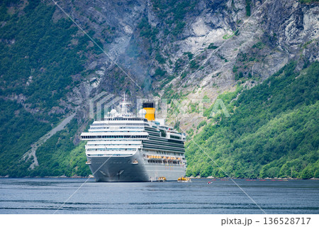 Ferry boat on fjord in Norway. 136528717