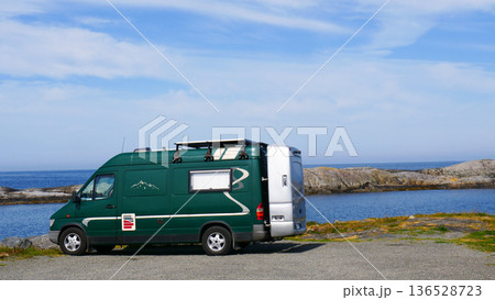 Camper car on norwegian sea coast Camper car on norwegian sea coast 136528723
