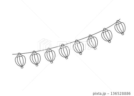 Decorative whimsical lanterns hanging on string, hand drawn outline illustration of festive garland for home or garden outdoor celebration decor, doodle party design element 136528886