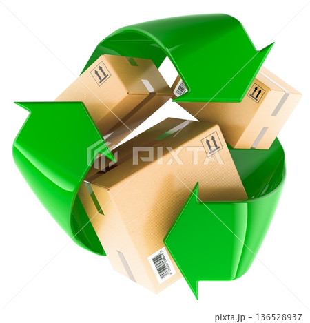 Cardboard packaging boxes with recycling symbol. 3D rendering Cardboard packaging boxes with recycling symbol. 3D rendering 136528937