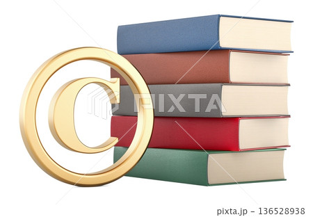 Intellectual property, concept. Copyright symbol with stack of books. 3D rendering 136528938