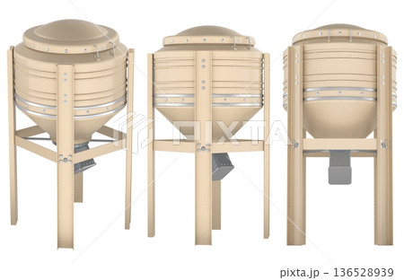 Agricultural grain bin hopper on steel frame, front side rear views, 3D rendering 136528939