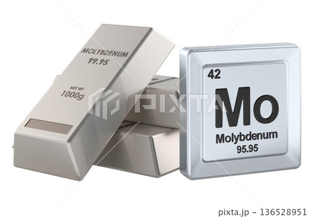 Molybdenum ingots and periodic table element Mo. 3D rendering Molybdenum ingots and periodic table element Mo. 3D rendering 136528951
