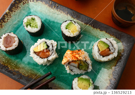 Assorted Sushi Platter on Elegant Plate 136529213