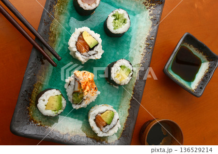 Assorted Sushi Platter on Elegant Plate 136529214