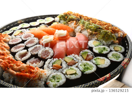 Assorted Sushi Platter on Elegant Plate Assorted Sushi Platter on Elegant Plate 136529215