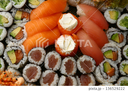 Assorted Sushi Platter on Elegant Plate Assorted Sushi Platter on Elegant Plate 136529222