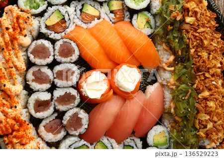 Assorted Sushi Platter on Elegant Plate Assorted Sushi Platter on Elegant Plate 136529223