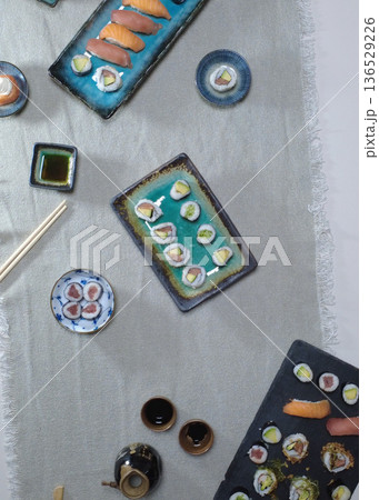 Assorted Sushi Platter on Elegant Plate Assorted Sushi Platter on Elegant Plate 136529226