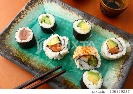 Assorted Sushi Platter on Elegant Plate 136529227