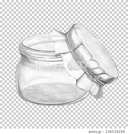 Realistic pencil drawing of glass jar with parchment lid tied with string, isolated on white background, ideal for vintage culinary labels, rustic packaging design, and homemade branding projects Realistic pencil drawing of glass jar with parchment lid tied with string, isolated on white background, ideal for vintage culinary labels, rustic packaging design, and homemade branding projects 136529289