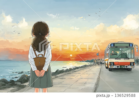 高校生の下校風景　夕暮れの海辺バス停でバスを待つ女子生徒　通学イメージ 136529588