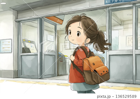 小学生の通学風景　ランドセル姿で改札を通る女子児童　朝の駅利用イメージ 136529589