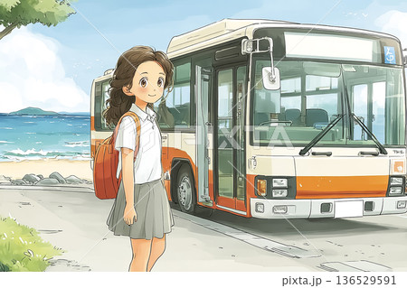 高校生の通学風景　海辺のバス停でバスを待つ女子生徒　朝の通勤通学イメージ 136529591