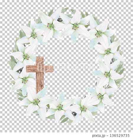 Watercolor wreath of white Easter lilies with wooden cross, hand painted Christian illustration isolated on black background, symbol of faith, resurrection and purity for church design, holiday cards 136529735