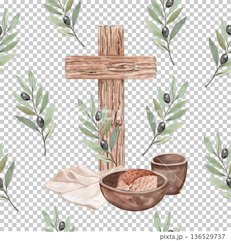 Wooden cross with bread and cup, olive branches, linen cloth seamless pattern isolated on white background. Hand painted watercolor illustration symbolizing Holy Communion, Eucharist for posters 136529737