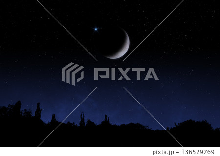 Moon and star in the night sky. Ramadan, islam religion. Hilal. 136529769