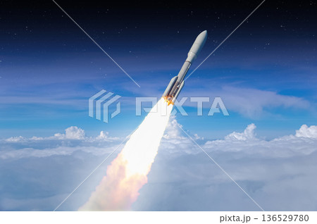 Rocket liftoff. Launching a spacecraft into space. 136529780