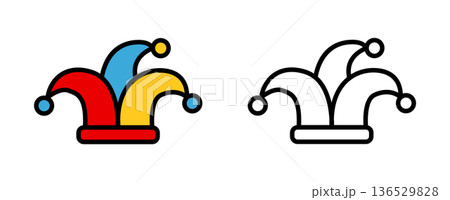 ピエロの帽子のイラストと線画のセット・道化師のアイコン 136529828