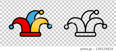 ピエロの帽子のイラストと線画のセット・道化師のアイコン 136529828