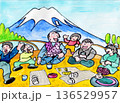 富士の下で田植えを始めるときの昭和の昼時 136529957