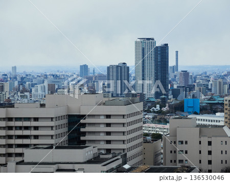 高所から見た冬の名古屋市の都市景観のパノラマの全景風景	 136530046
