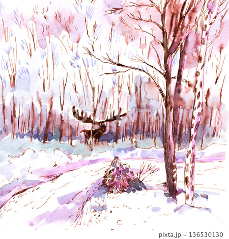 Watercolor Moose in Snowy Forest 136530130