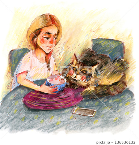 Girl Feeding Cat at Table Illustration 136530132
