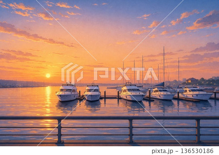 Sunset Marina with Yachts 夕焼けのマリーナとヨット 136530186