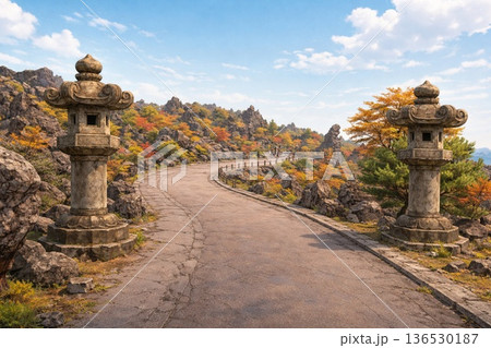 Autumn Mountain Road with Stone Lanterns 石灯籠と秋の山道風 136530187