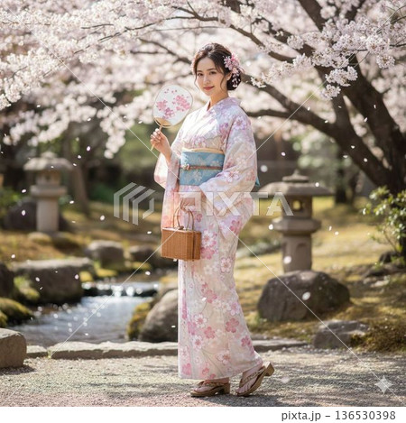 満開の桜の下で微笑む着物の女性｜お花見と伝統文化 136530398