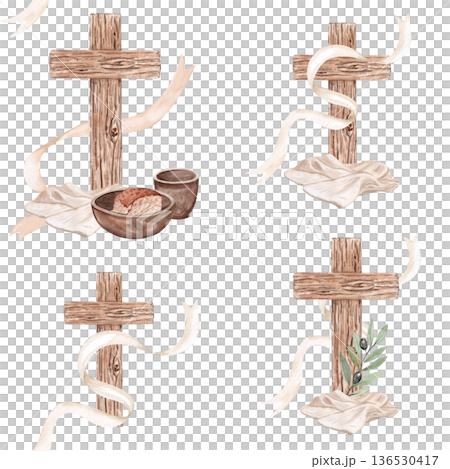 Wooden cross with bread, linen cloth, clay cup, linen cloth and flowing ribbon watercolor seamless pattern on white. Religious compositions, suitable for Lent designs, communion, eucharist, packaging 136530417