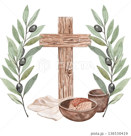 Wooden cross, bread, clay cup, linen cloth and olive branches watercolor illustration on white background. Religious composition perfect for communion, Eucharist, Lent designs, posters, publications 136530419