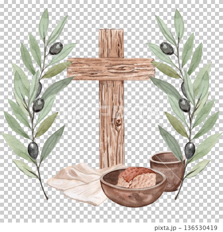Wooden cross, bread, clay cup, linen cloth and olive branches watercolor illustration on white background. Religious composition perfect for communion, Eucharist, Lent designs, posters, publications 136530419