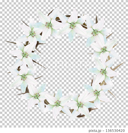 Watercolor wreath of white lilies and crown of thorns isolated on white background, hand painted illustration for Maundy Thursday invitations, Easter decor, cards. Symbol of sacrifice, resurrection Watercolor wreath of white lilies and crown of thorns isolated on white background, hand painted illustration for Maundy Thursday invitations, Easter decor, cards. Symbol of sacrifice, resurrection 136530420